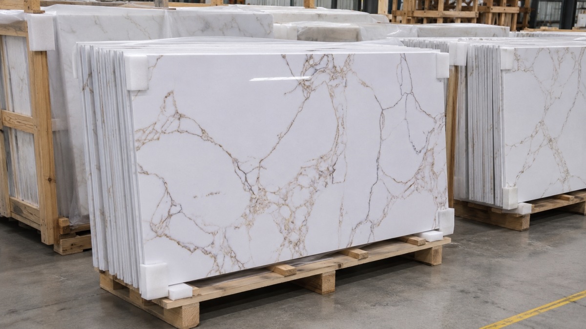 calacatta-gold-artificial-marble-export-packing Export packing of Calacatta Gold Artificial Marble slabs for overseas shipment