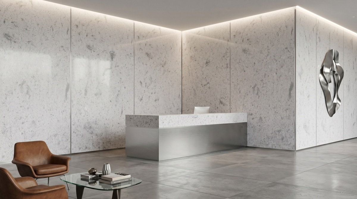 Engineered white marble with crystal movement for interior wall panels