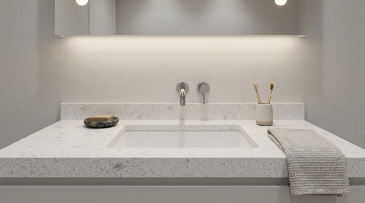 White artificial marble stone vanity top with fine crystalline particles