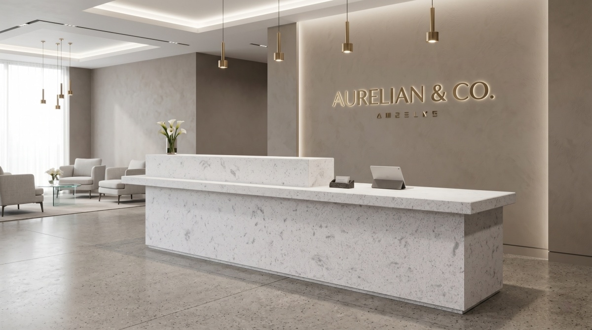 Pristine white crystalline artificial marble reception counter surface