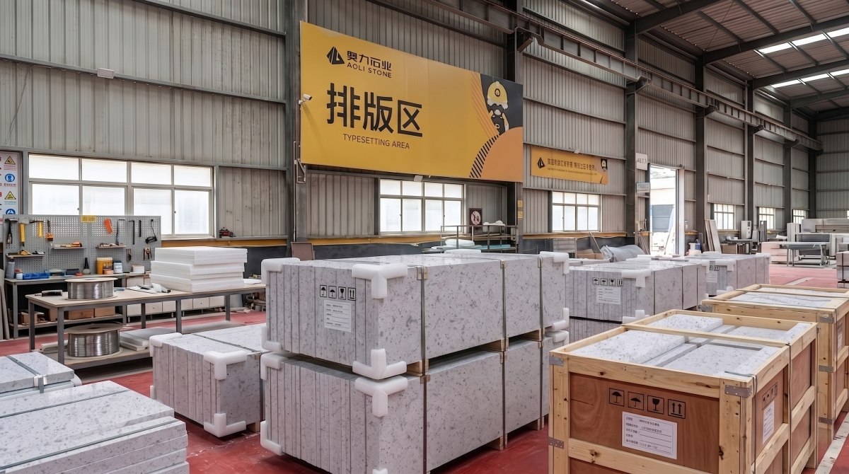Export packing of white crystalline artificial marble stone slabs