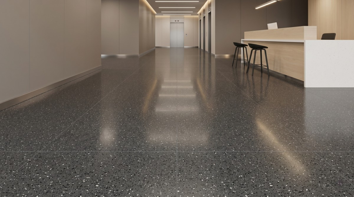 grey-compact-marble-floor-tiles-black-white-fragments Grey compact marble floor tiles with black and white fragments
