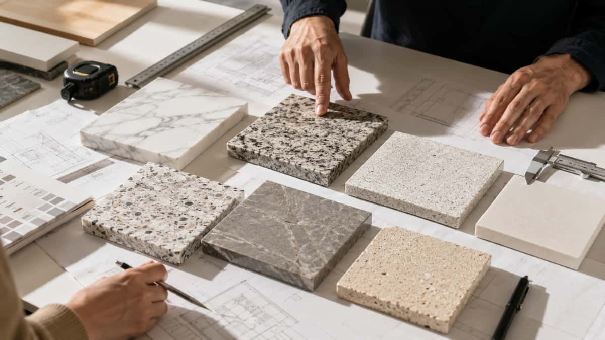 Stone material samples reviewed for different hotel and commercial project areas