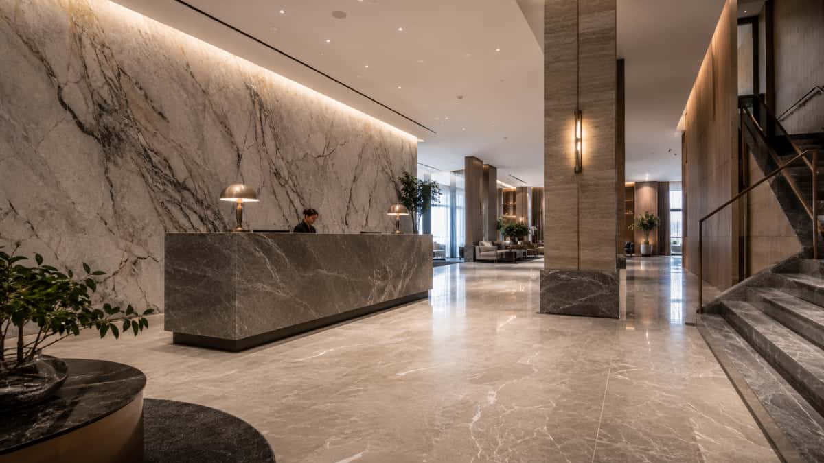 Hotel interior showing different stone materials used for walls floors and counters