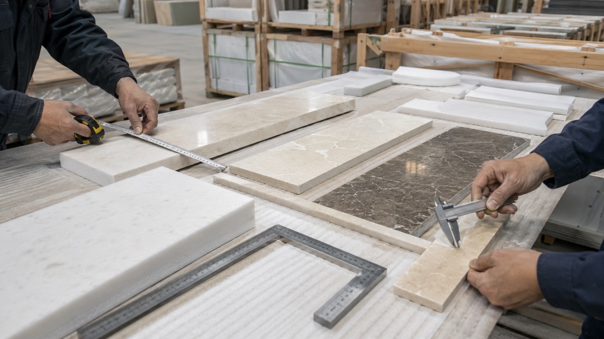 cut-to-size-stone-fabrication-checking Cut-to-size stone pieces checked and prepared for project packing