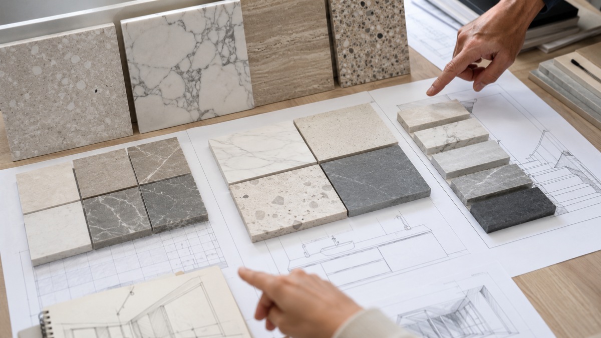 stone-project-application-material-review Stone supplier communication review with samples drawings and project notes