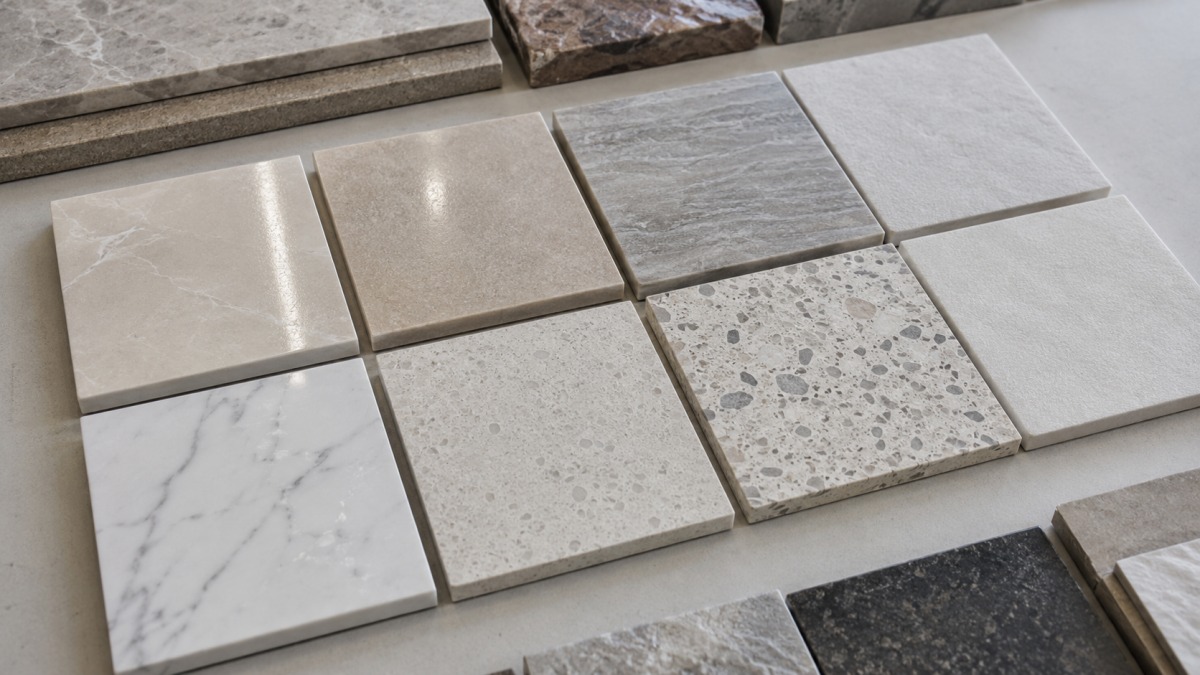 Cut-to-size stone drawing and size list review before fabrication Artificial marble project supply confirmation with samples drawings and commercial flooring planning
