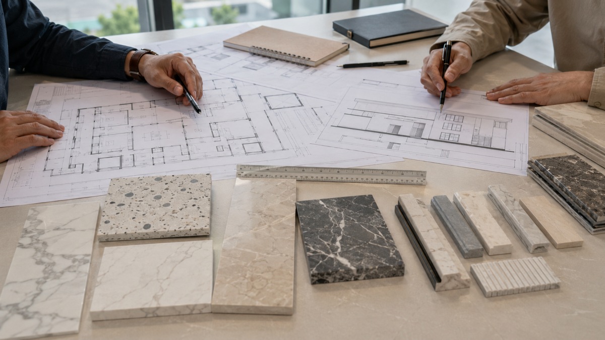 Floor plans and wall elevations reviewed with stone samples for cut-to-size wall panels