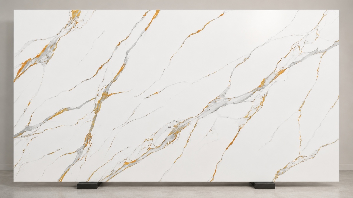 Calacatta Gold inkjet printed artificial stone slab with white base and grey gold veins