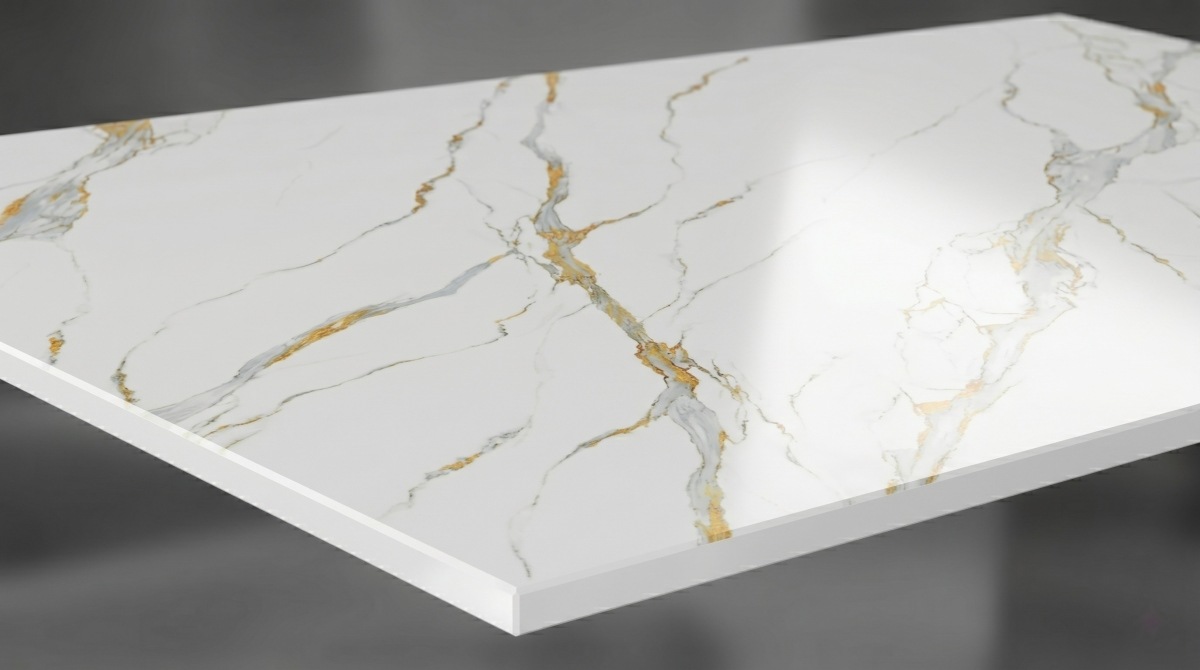 Edge detail of printed marble look artificial stone slab
