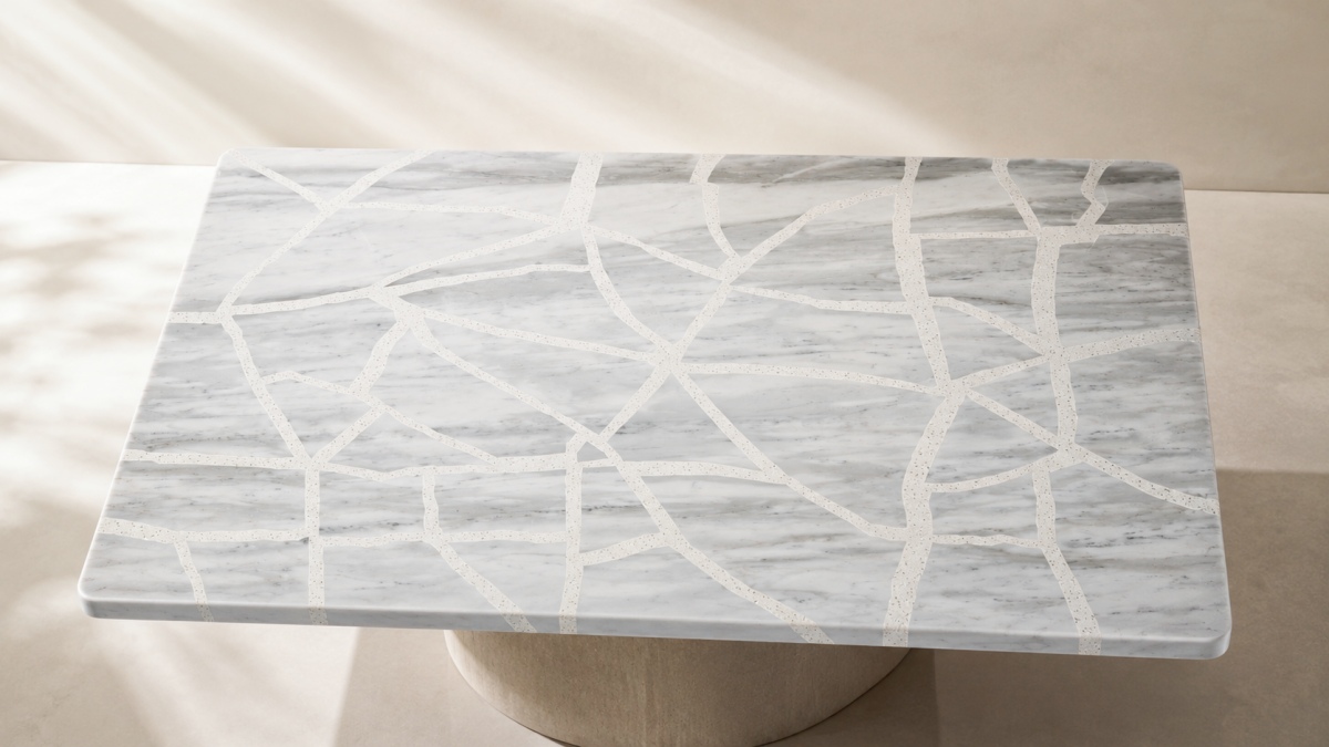 Custom terrazzo and marble mosaic tabletop with grey white marble and light terrazzo inlay lines