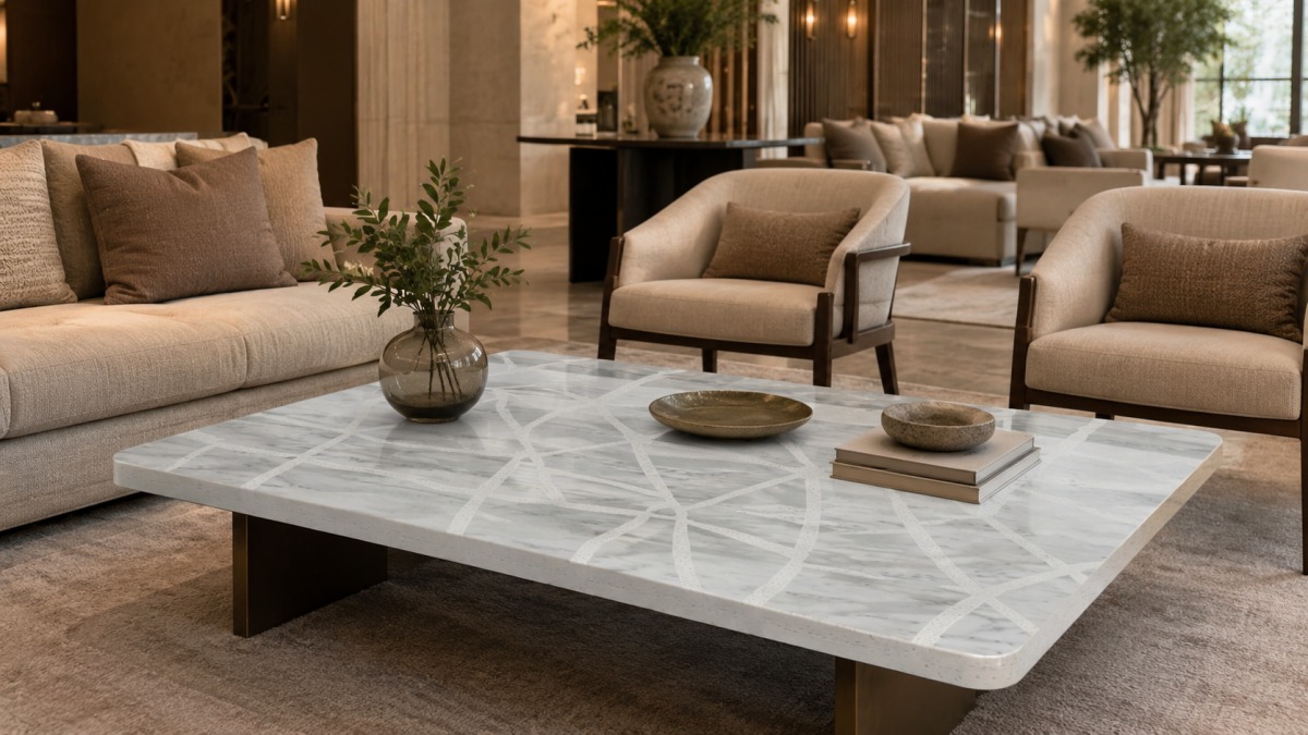 Decorative stone tabletop made with marble and terrazzo for hotel interior design
