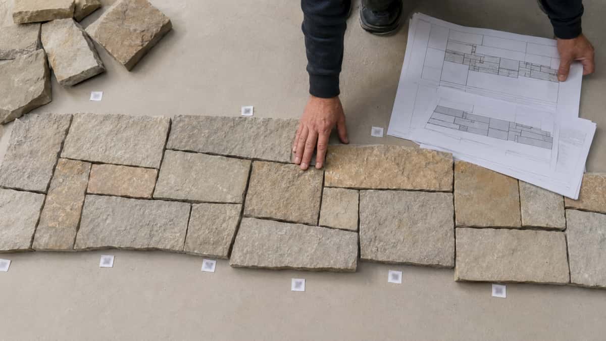Dry lay stone layout checked with project drawings 