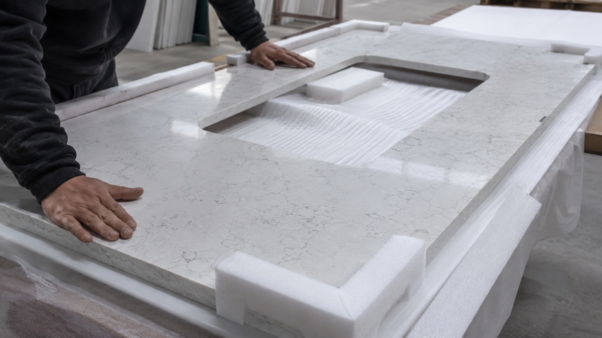 quartz-countertop-cutout-packing-protection Quartz stone countertop cutout protected before shipment