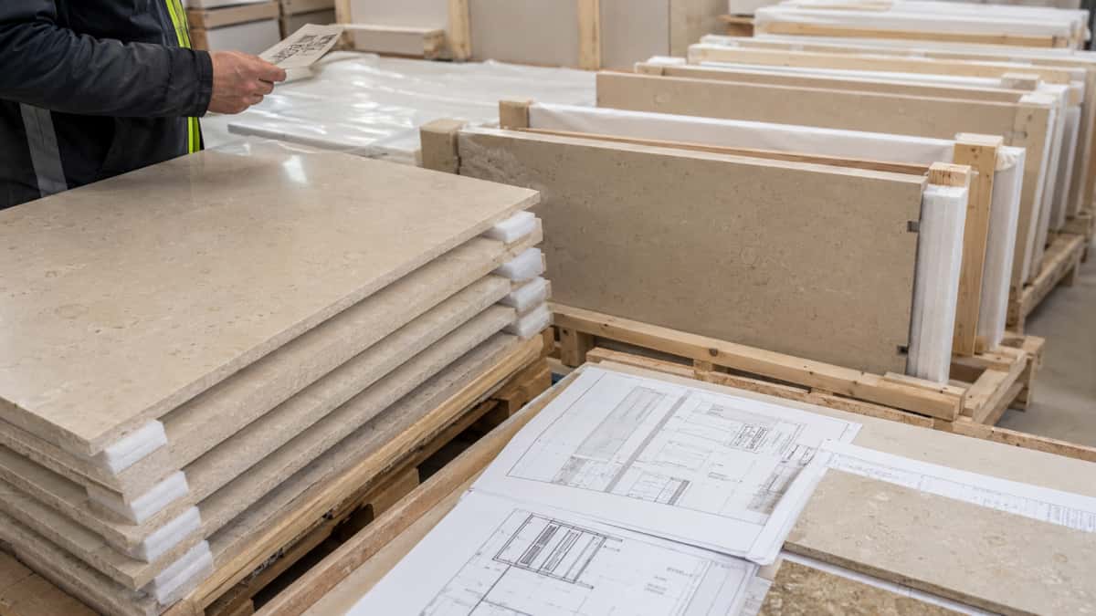 limestone-site-storage-before-installation Limestone pieces stored in a dry protected area before installation