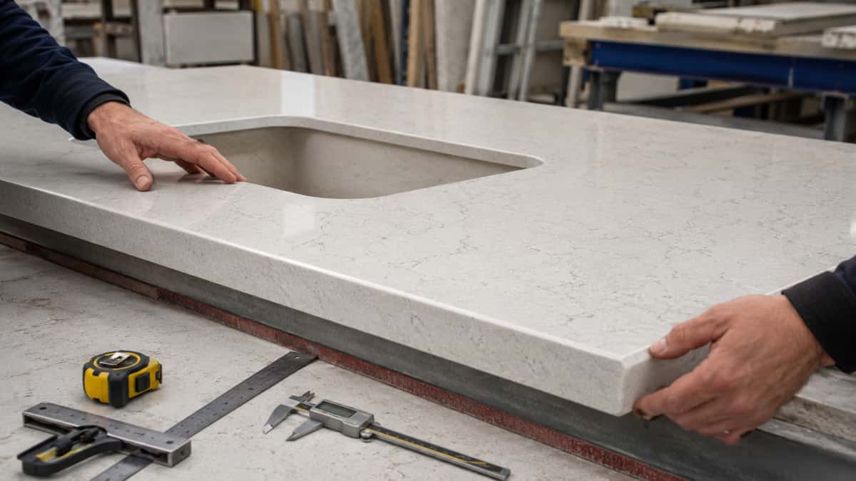 quartz-countertop-edge-cutout-review Quartz stone countertop edge and cutout review before installation