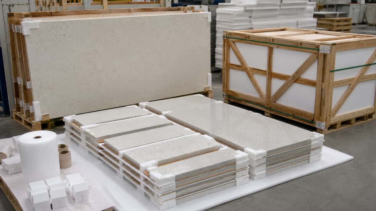 artificial-stone-export-packing-protection Artificial stone panels protected with foam and wooden crates before export