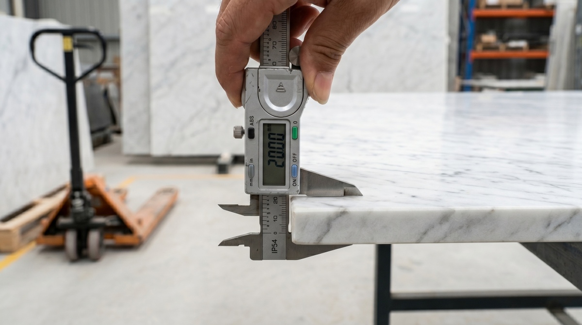 stone-edge-thickness-qc-caliper-check Accurate stone edge thickness measurement with caliper during quality inspection