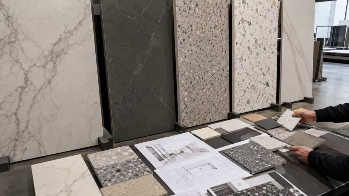 artificial-stone-commercial-project-material-review artificial stone slabs and samples reviewed for commercial project material selection