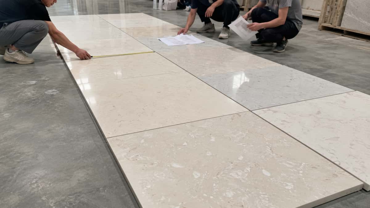 artificial-marble-flooring-batch-review artificial marble flooring pieces arranged for batch and color review before project supply