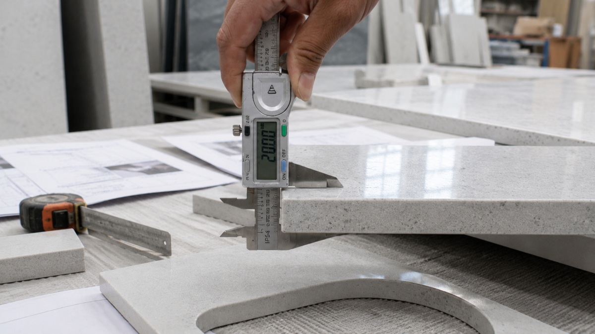 cut-to-size-artificial-stone-fabrication-review cut-to-size artificial stone pieces checked with drawings before packing