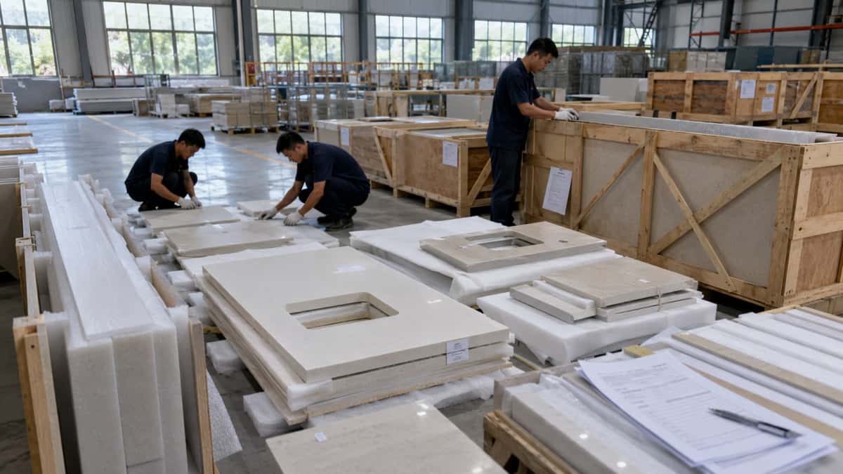artificial-stone-export-packing-preparation artificial stone cut-to-size pieces prepared with protective foam and wooden crates for export packing