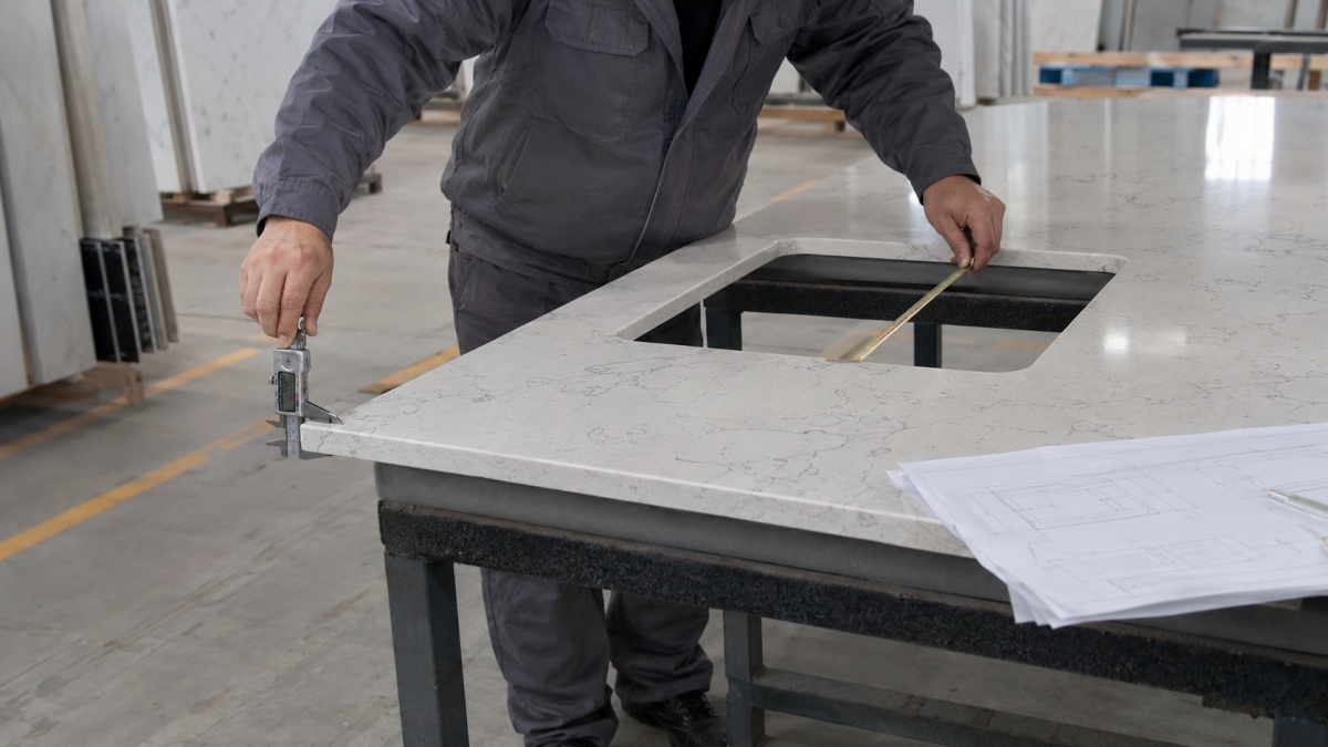 silica-free-quartz-countertop-fabrication-check silica-free quartz countertop piece checked for edge detail and cutout before packing