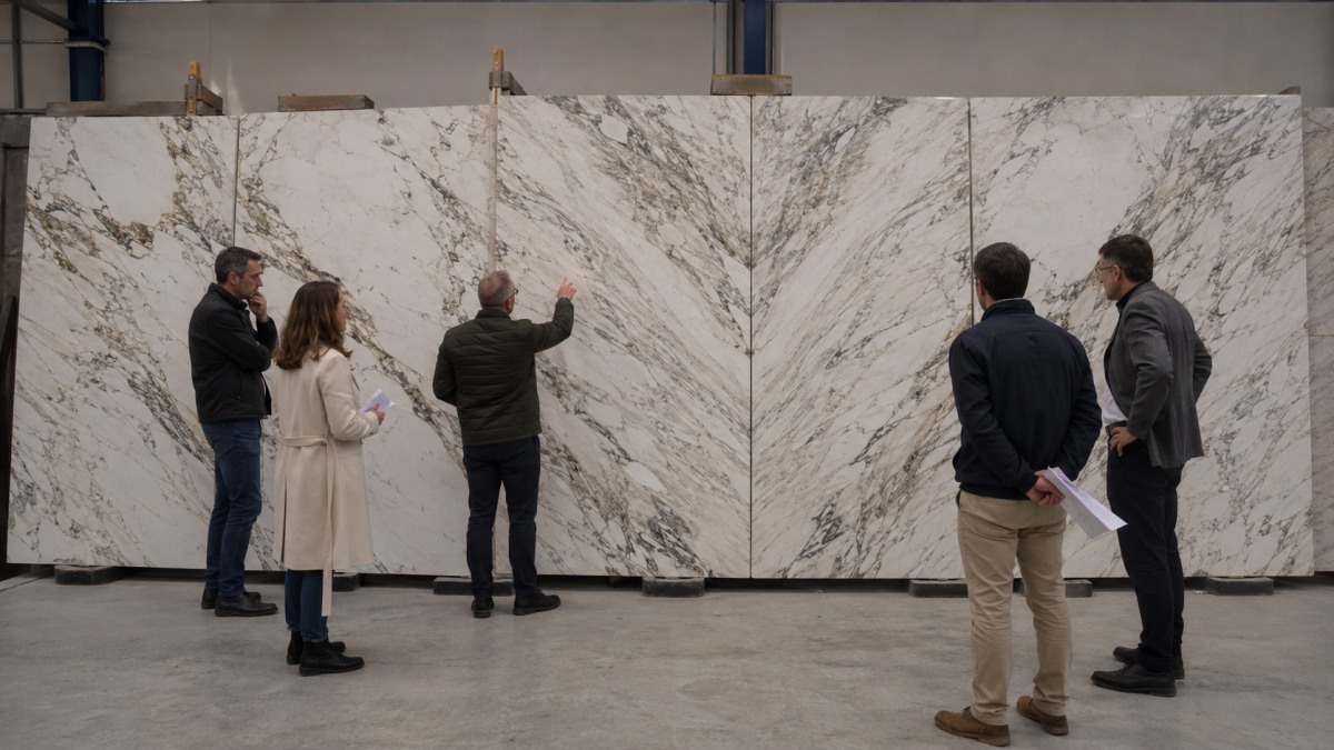 marble-bookmatch-wall-approval bookmatched marble wall layout review before production