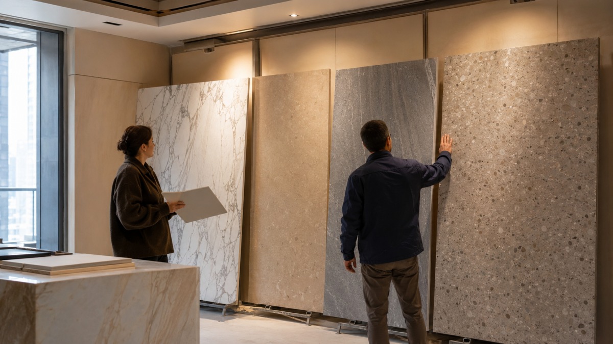 large-stone-sample-lighting-review Large stone samples reviewed under realistic interior lighting for project approval