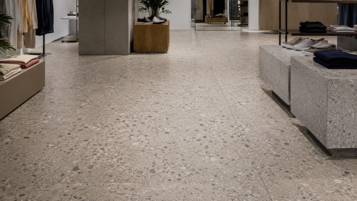 Terrazzo stone floors in a clean retail interior with balanced aggregate character