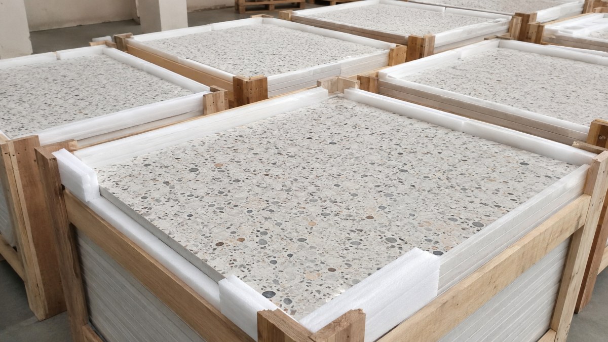 Terrazzo stone tiles packed with protective materials for export project supply