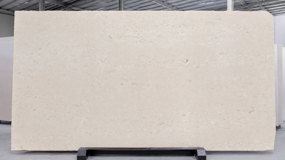 moonlight-beige-fossil-limestone-raw-slab Moonlight Beige fossil limestone slab with light cream beige color, shell fossil fragments, natural variation, and irregular raw slab edges