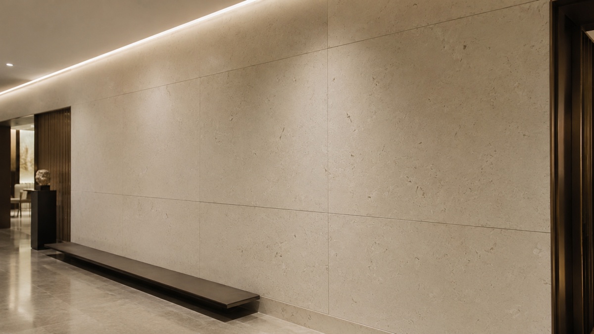 moonlight-beige-limestone-interior-wall-cladding Moonlight Beige fossil limestone wall cladding with light beige color, shell fossil texture, subtle pores, and calm honed surface.