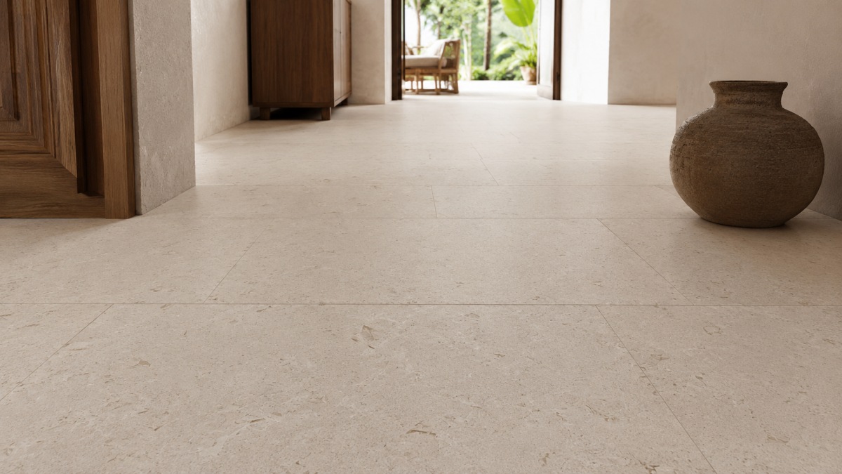 moonlight-beige-limestone-flooring Moonlight Beige fossil limestone flooring tiles with warm beige tone, natural fossil particles, subtle variation, and honed stone surface.