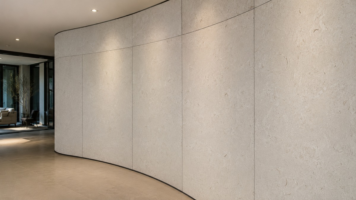 moonlight-beige-fossil-limestone-commercial-interior-wall-panels Moonlight Beige fossil limestone used for commercial interior wall panels, showing warm beige tone, natural shell fossil texture, honed matte surface, clean joint alignment, and refined architectural stone applicatio