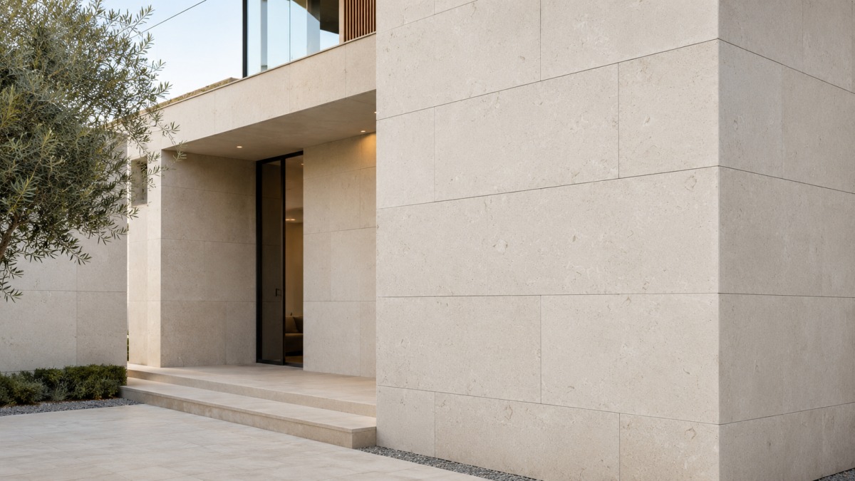 moonlight-beige-fossil-limestone-villa-facade-exterior-wall-cladding Moonlight Beige fossil limestone used for villa facade and exterior wall cladding, showing warm beige cream tone, natural shell fossil texture, honed matte surface, clean panel joints, corner returns, and refined architectural exterior stone application