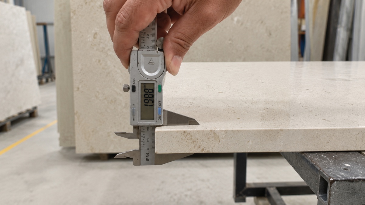 moonlight-beige-fossil-limestone-thickness-qc-measurement QC inspection of Moonlight Beige fossil limestone panel thickness in Aoli Stone factory, showing edge measurement, warm beige fossil texture, honed matte surface, clean cut edge, and professional natural stone quality control process.