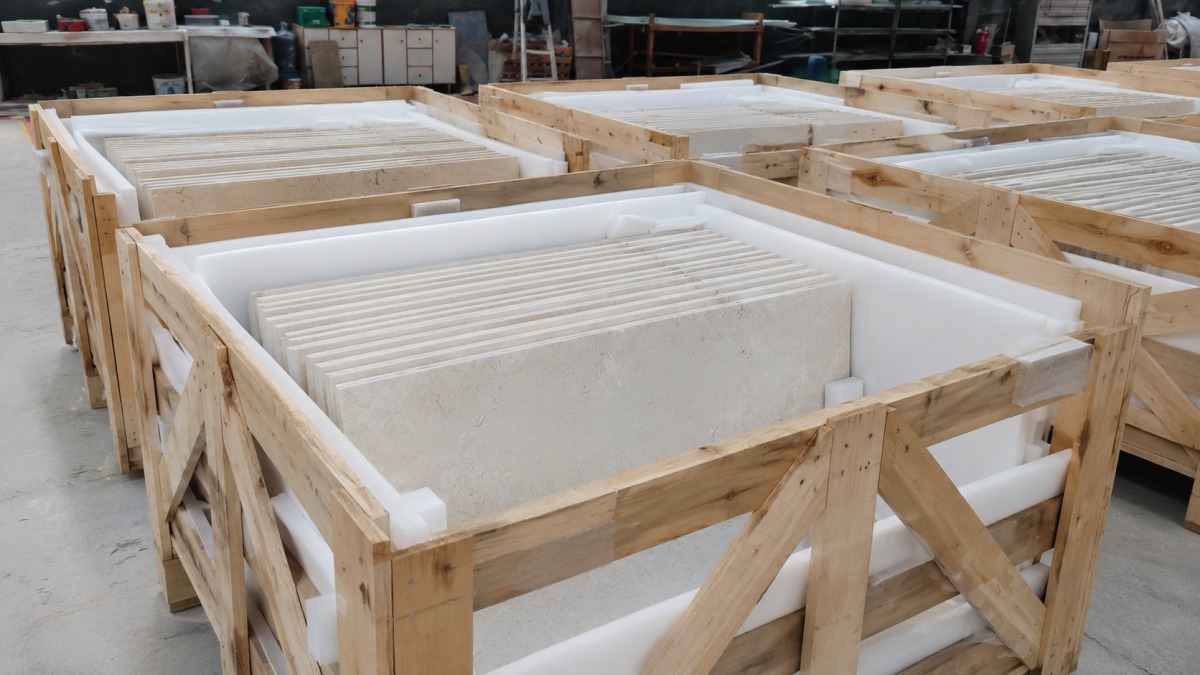 moonlight-beige-limestone-export-packing Moonlight Beige limestone panels packed in wooden crates with foam and corner protection for export shipment.