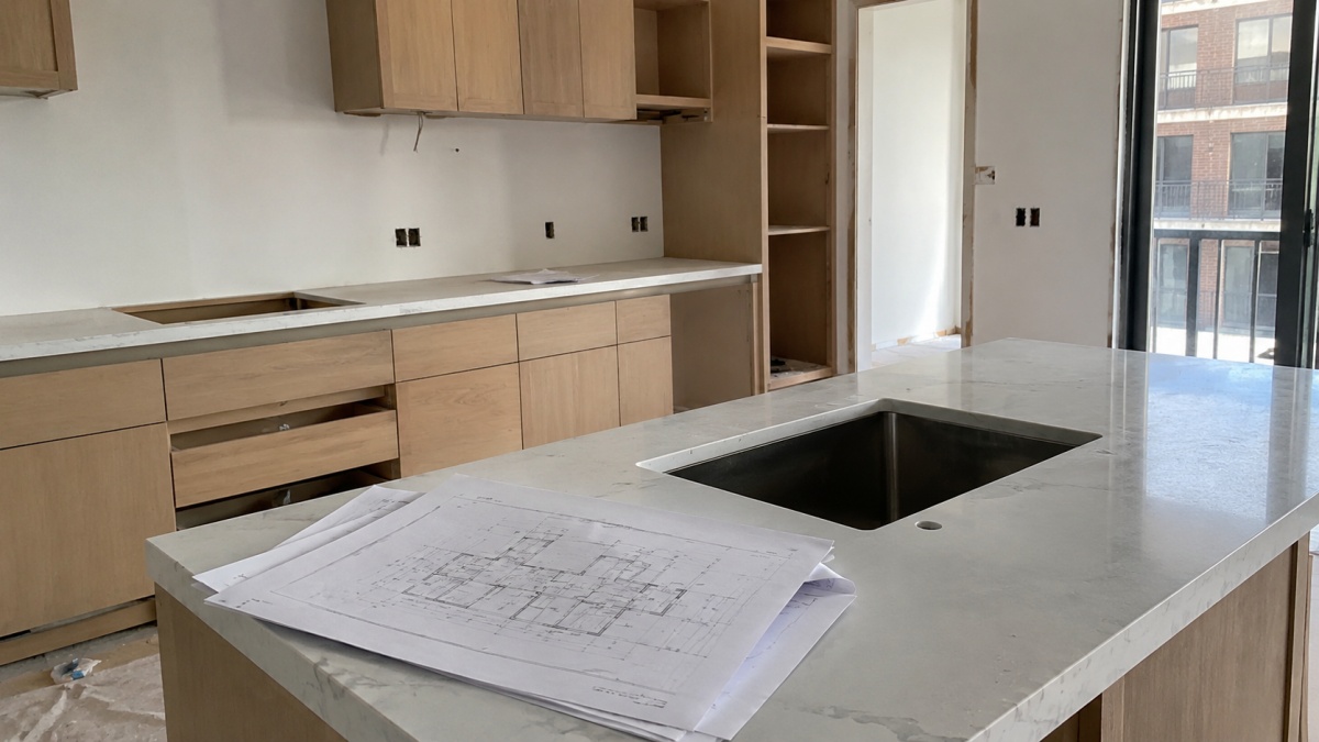 Quartz countertop fabrication drawings and material samples reviewed before production