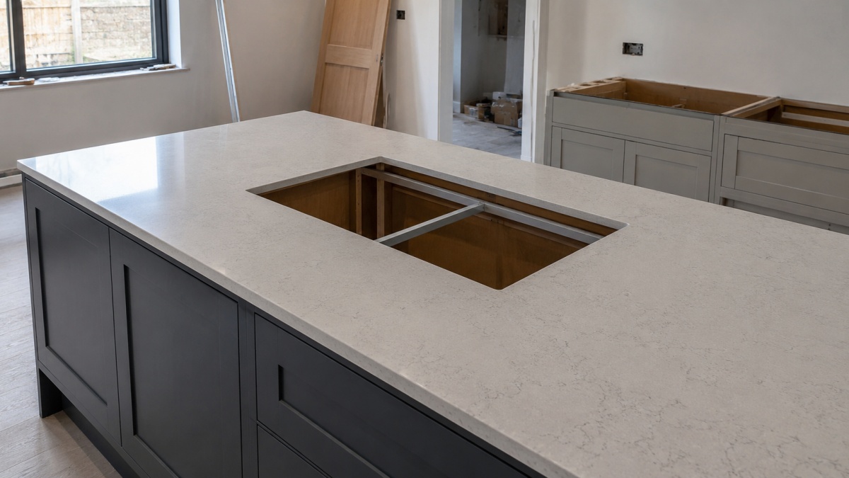 Quartz countertops with sink cutouts protected before export packing
