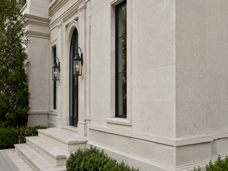 Moonlight Beige Limestone Facade and Custom Molding Project for Villa Architecture