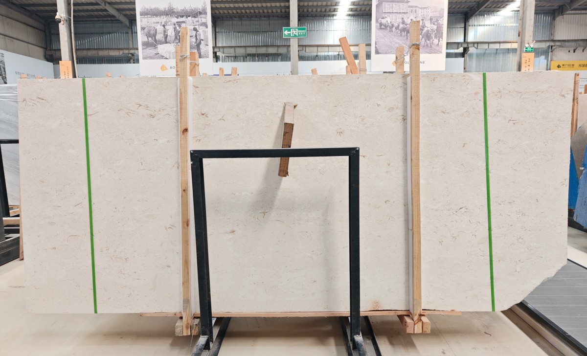 Moonlight Beige Limestone slabs selected in the factory for villa fa&ccedil;ade and custom stone molding fabrication