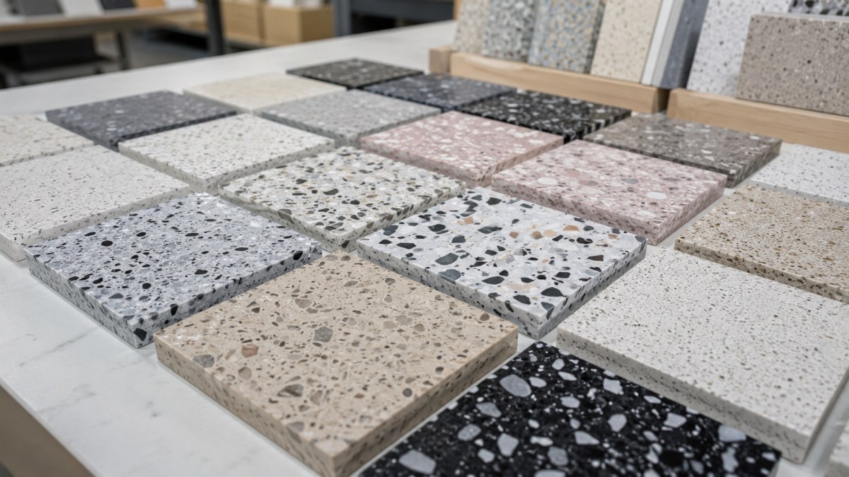terrazzo-chip-size-and-matrix-color-review Close-up comparison of terrazzo samples with different chip sizes and matrix colors