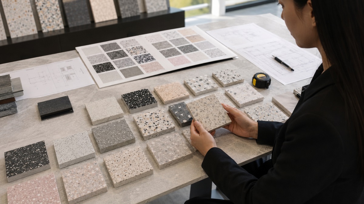 terrazzo-sample-approval-record-and-drawings Terrazzo samples, approval notes, and project drawings reviewed before production