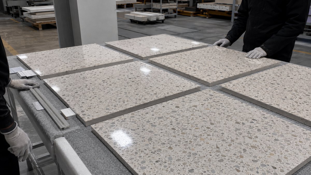 Terrazzo bulk production material checking for color tone and aggregate distribution