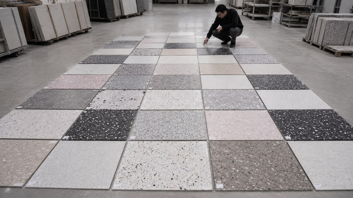 Terrazzo cut to size dry lay inspection before export packing