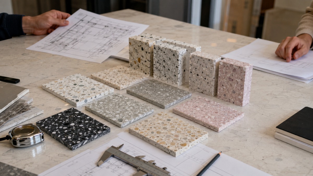 terrazzo-thickness-review-table Terrazzo samples and drawings reviewed for thickness selection