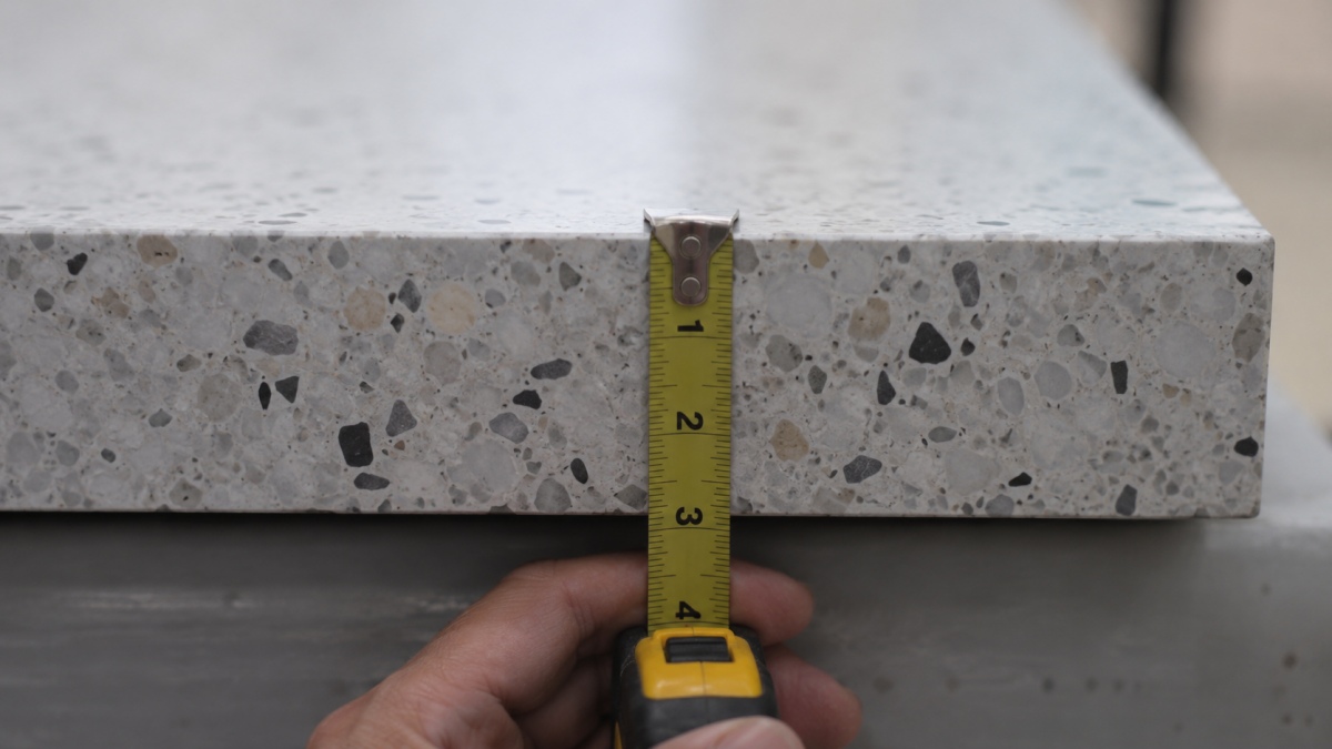 terrazzo-tile-thickness-measurement Terrazzo tile thickness being measured with caliper during inspection