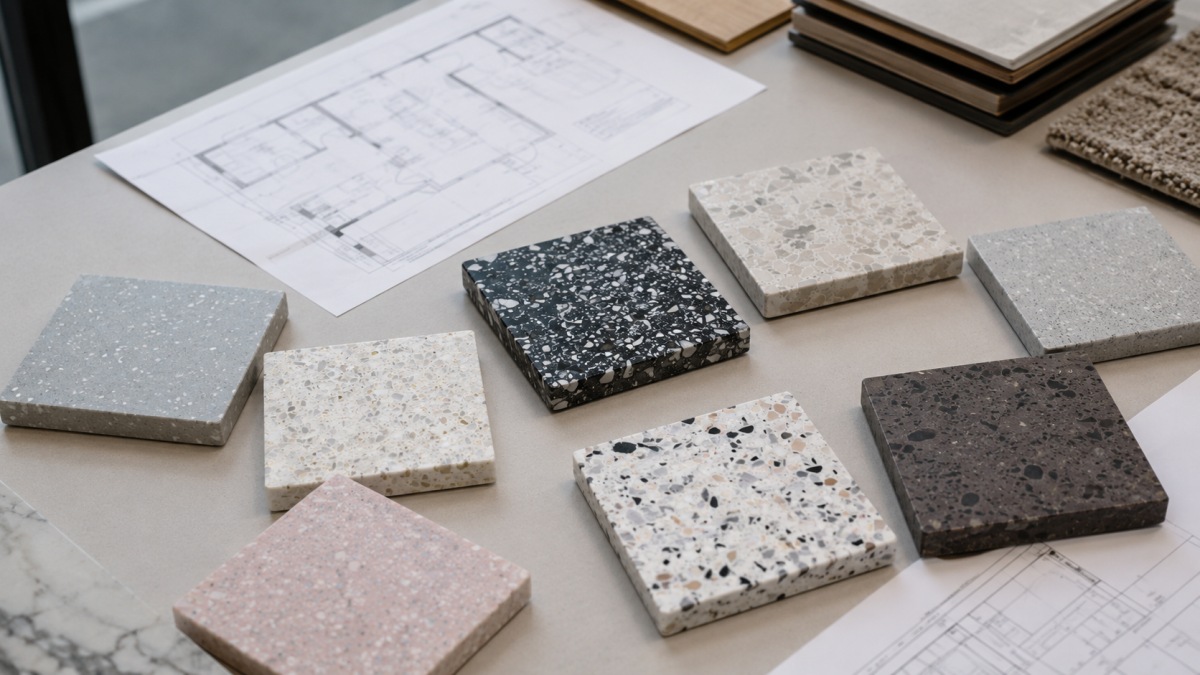 resin-terrazzo-interior-sample Resin terrazzo sample with clean base color and controlled aggregate pattern