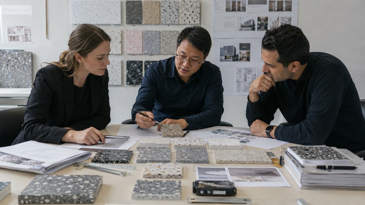 precast-vs-insitu-terrazzo-project-review Project team reviewing terrazzo samples and drawings for international supply decision